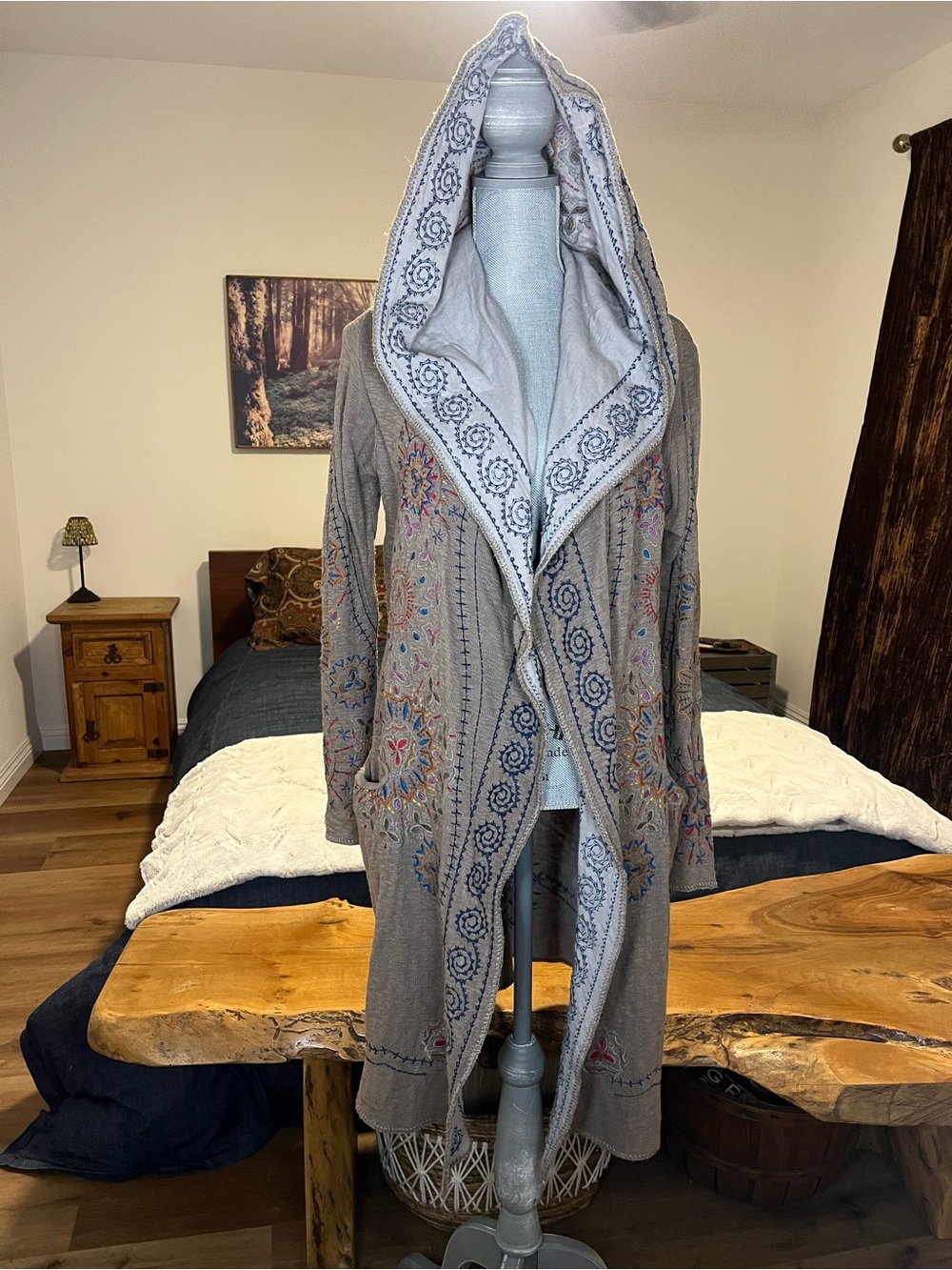 BIYA Johnny Was Taupe Cotton Cardigan with Multicolor Embroidery Hood & Pockets